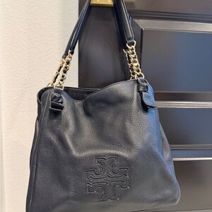Tory Burch Black Leather Shoulder Bag with Gold Chain